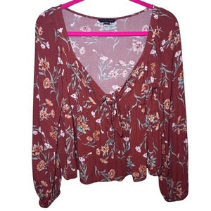 American Eagle Burnt Orange Floral Peplum Blouse Women's Size Medium Boho Fall